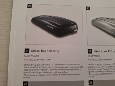Střešní box SUBARU  + ' ' + Střešní box Subaru, 430 litrů ( 2,018 x 905 x 377 mm), vnitřní LED osvětlení, rychloupínací systém Quick Grip System, otvírání z obou stran. 